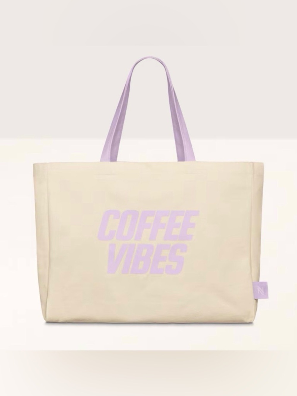 Nespresso NWT Lilac Lavender-Accent Canvas Tote Bag Coffee Vibes Print Large Bag